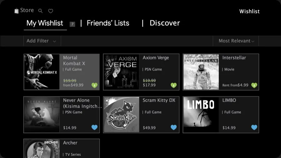 PlayStation console store, wishlist UI